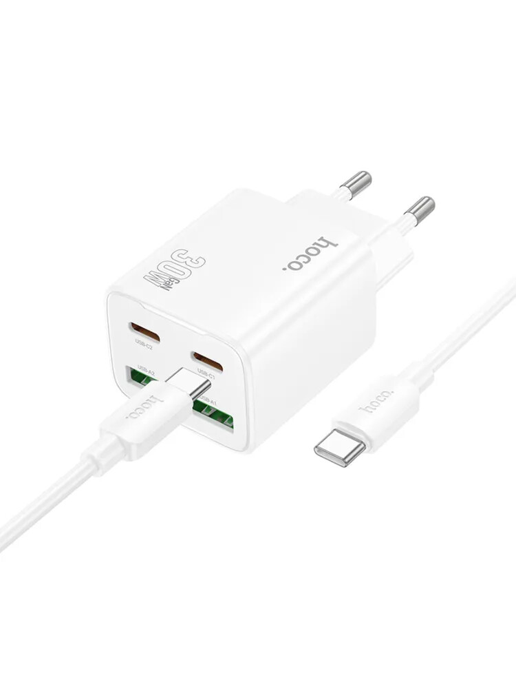 Кликните для увеличения изображения Сетевая зарядка Hoco N56 Fundador 2xType-C + 2xUSB 30W White + кабель Type-C USB-C, изображение 2