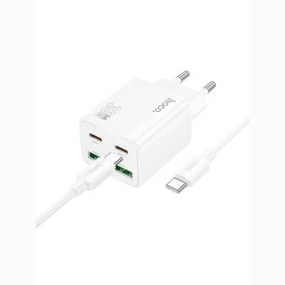 Сетевая зарядка Hoco N56 Fundador 2xType-C + 2xUSB 30W White + кабель Type-C USB-C, изображение 2