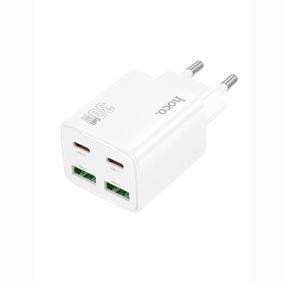 Сетевая зарядка Hoco N56 Fundador 2xType-C + 2xUSB 30W White + кабель Type-C USB-C, изображение 3