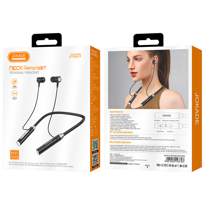 Наушники Bluetooth Jokade JI025 Sport на шею Black вакуумные, Type-C, изображение 3