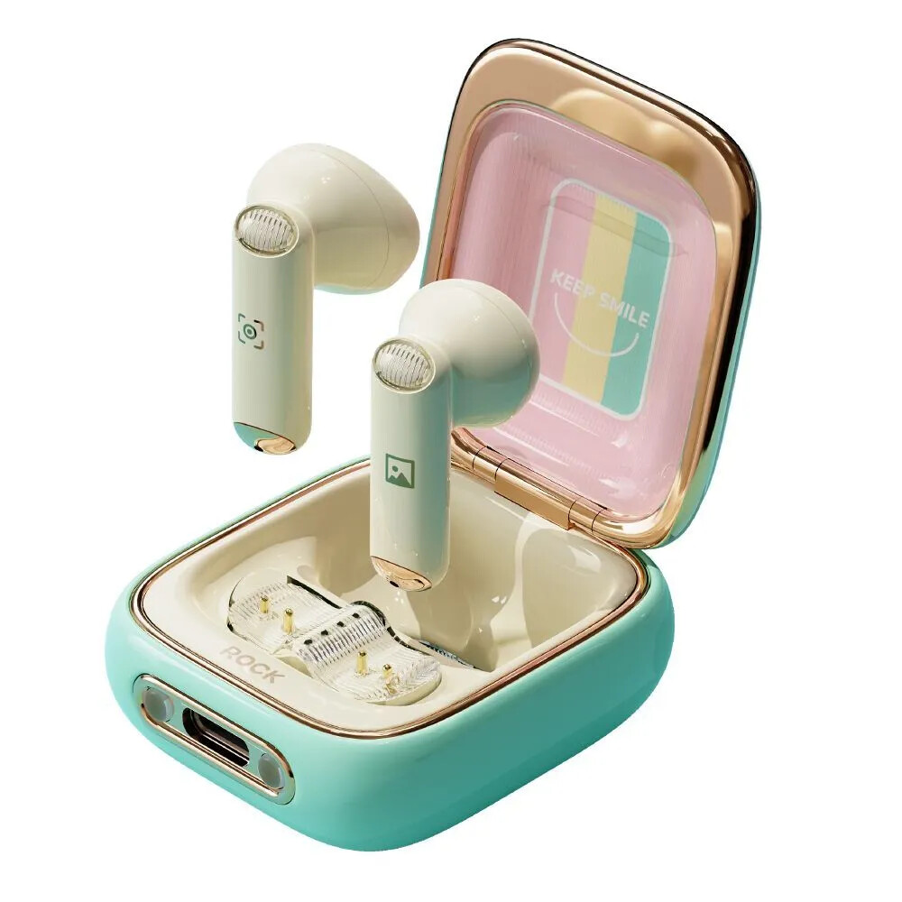 Кликните для увеличения изображения Наушники Bluetooth Rock Retro Style TWS Earphone Camera (ANC) Beige, Type-C, изображение 2