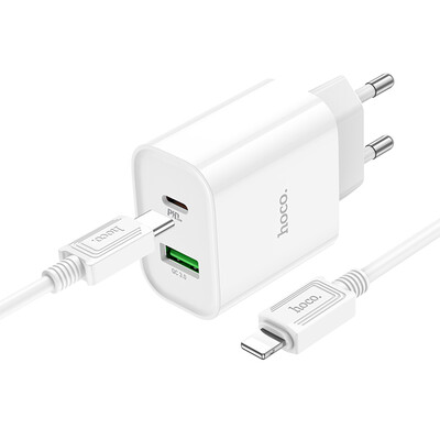 Сетевая зарядка с кабелем Lightning Hoco C80A Plus Rapido Type-C+USB 20W +кабель Lightning USB-C, изображение 3