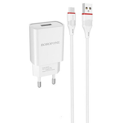 Сетевая зарядка с кабелем Micro USB Borofone BA20A 2.1A белая, изображение 2